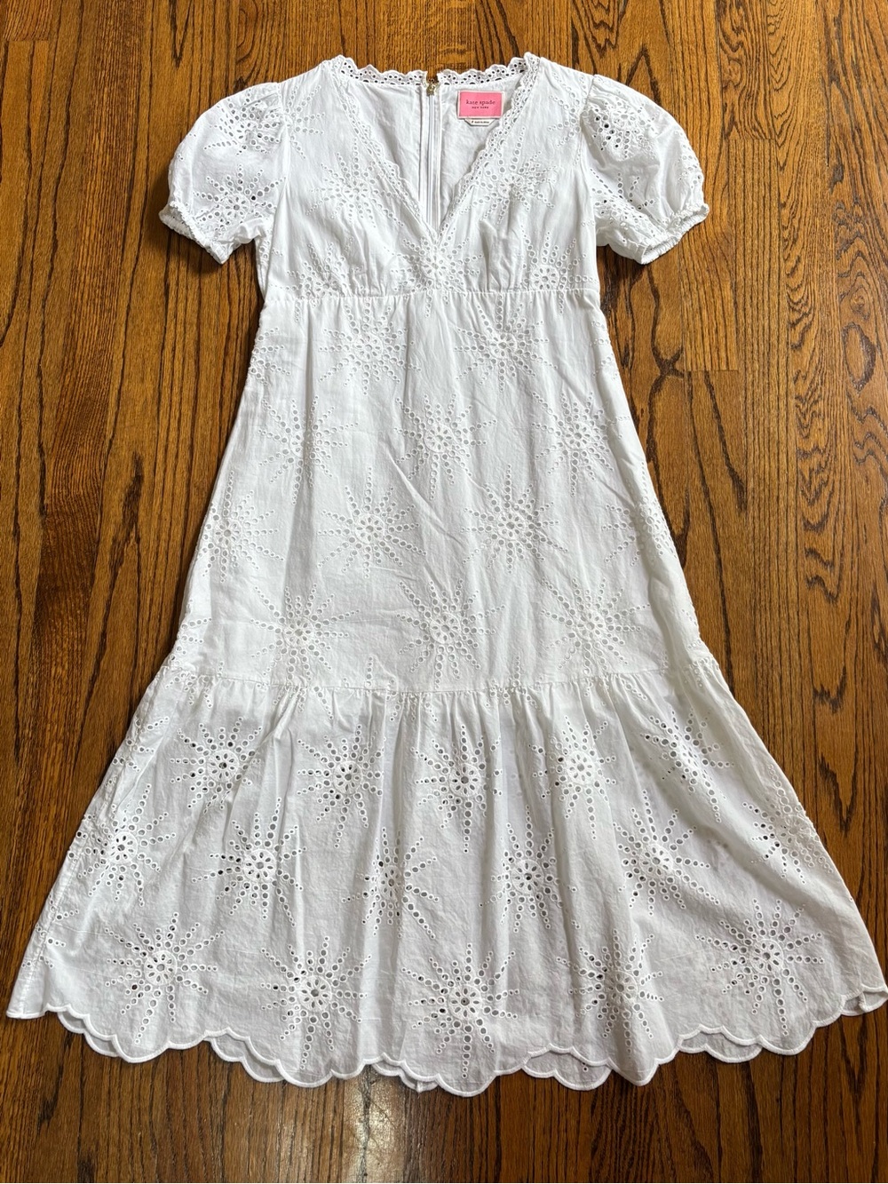 Kate Spade White Eyelet Cotton A-Line Midi Dress V-Neck Size 8